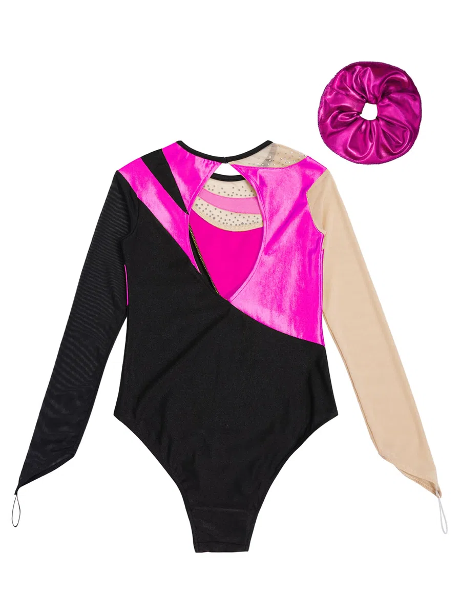 Alvivi Traje de Gimnasia Ritmica Maillot Niña Manga Larga con Diadema Body Brillante de Baile Maillot Competicion Patinaje Disfraz Bailarina Ballet