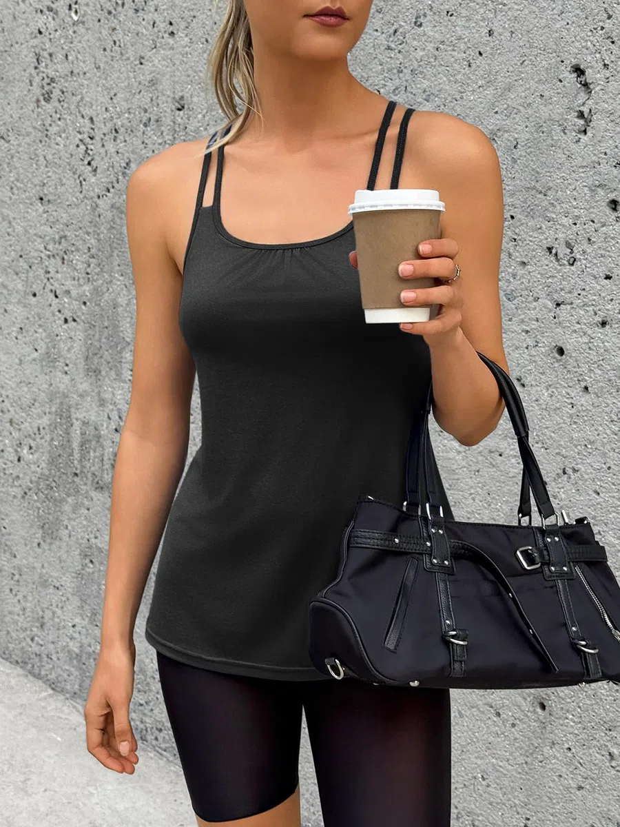 Fisoew Camiseta de tirantes para mujer, sin mangas, tirantes delgados, con sujetador integrado, para deporte, yoga, gimnasio