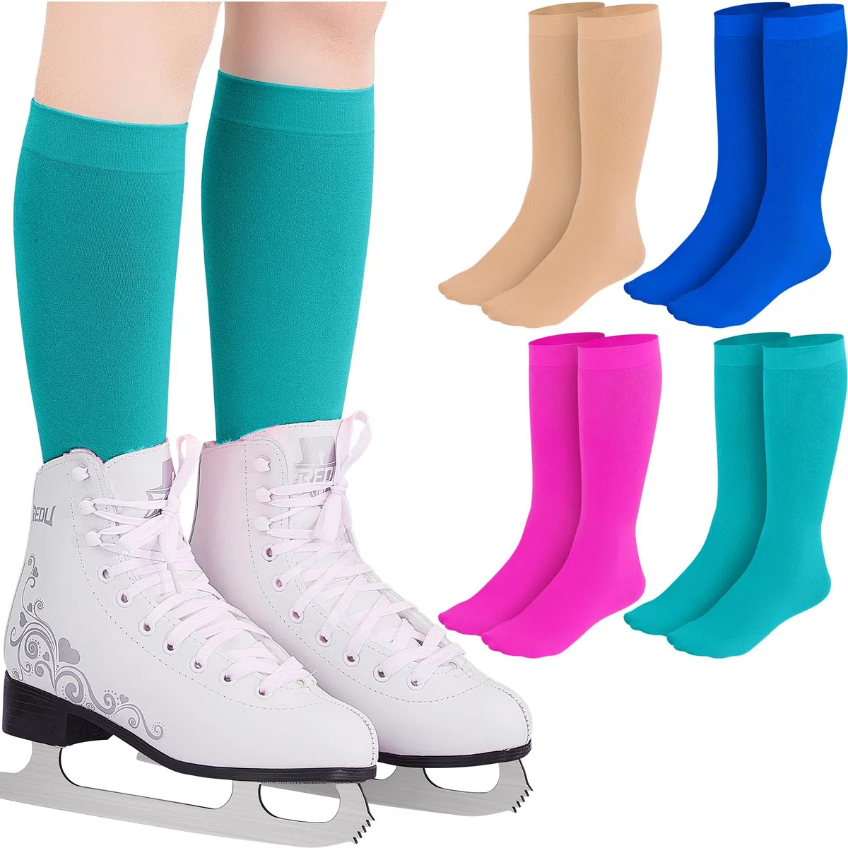 Handepo 4 pares de calcetines de patinaje artístico, medias altas, calcetines de patinaje de nailon para patinaje sobre hielo y danza