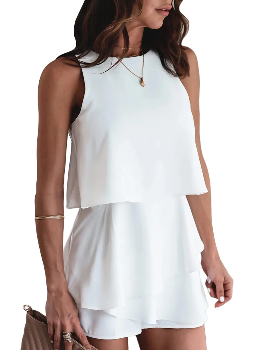 Tomwell Mono Corto Mujer Verano Sin Mangas Cuello Redondo Pantalón Color Sólido Jumpsuits Volante Irregular Playsuit