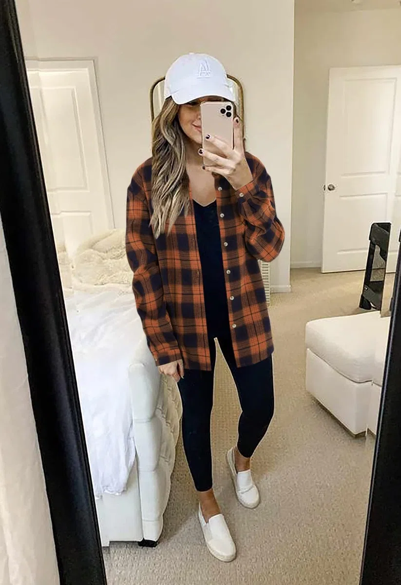 Imily Bela Blusa para mujer a cuadros, informal, manga larga, camisa de franela, camisa a cuadros, botones de manga larga.
