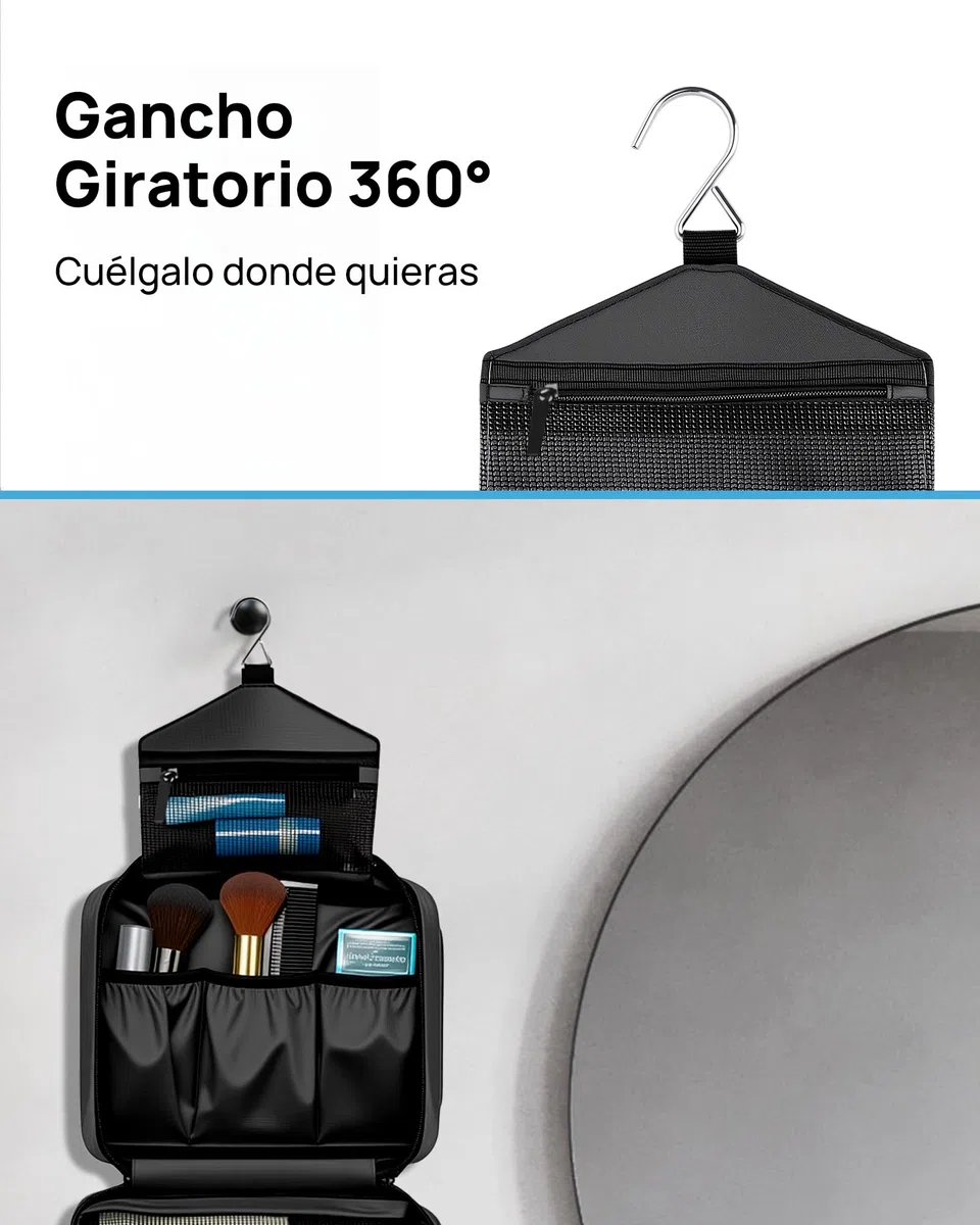 Neceser Grande para Hombre y Mujer, Impermeable Neceser de Viaje, Bolsa de Aseo Colgante (Negro)