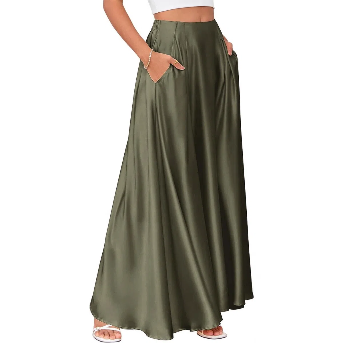 Falda Larga Mujer,Elegante Faldas Largas de Satén de Cintura Alta Acampanada hasta El Tobillo para Mujer con Bolsillos Color Sólido Cómodo Falda a Línea Moda Maxi Faldas Primavera Verano
