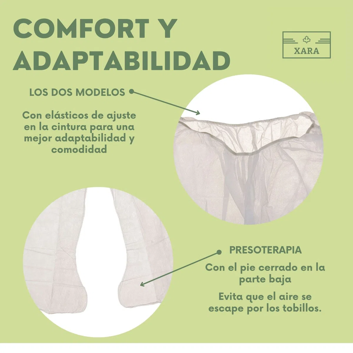 Xara - Pantalón de Presoterapia en TNT 30 g Desechable - Talla XL 115x65 cm con Calza Integrada – Hipoalergénico y Transpirable - 100% Reciclable - Color Blanco