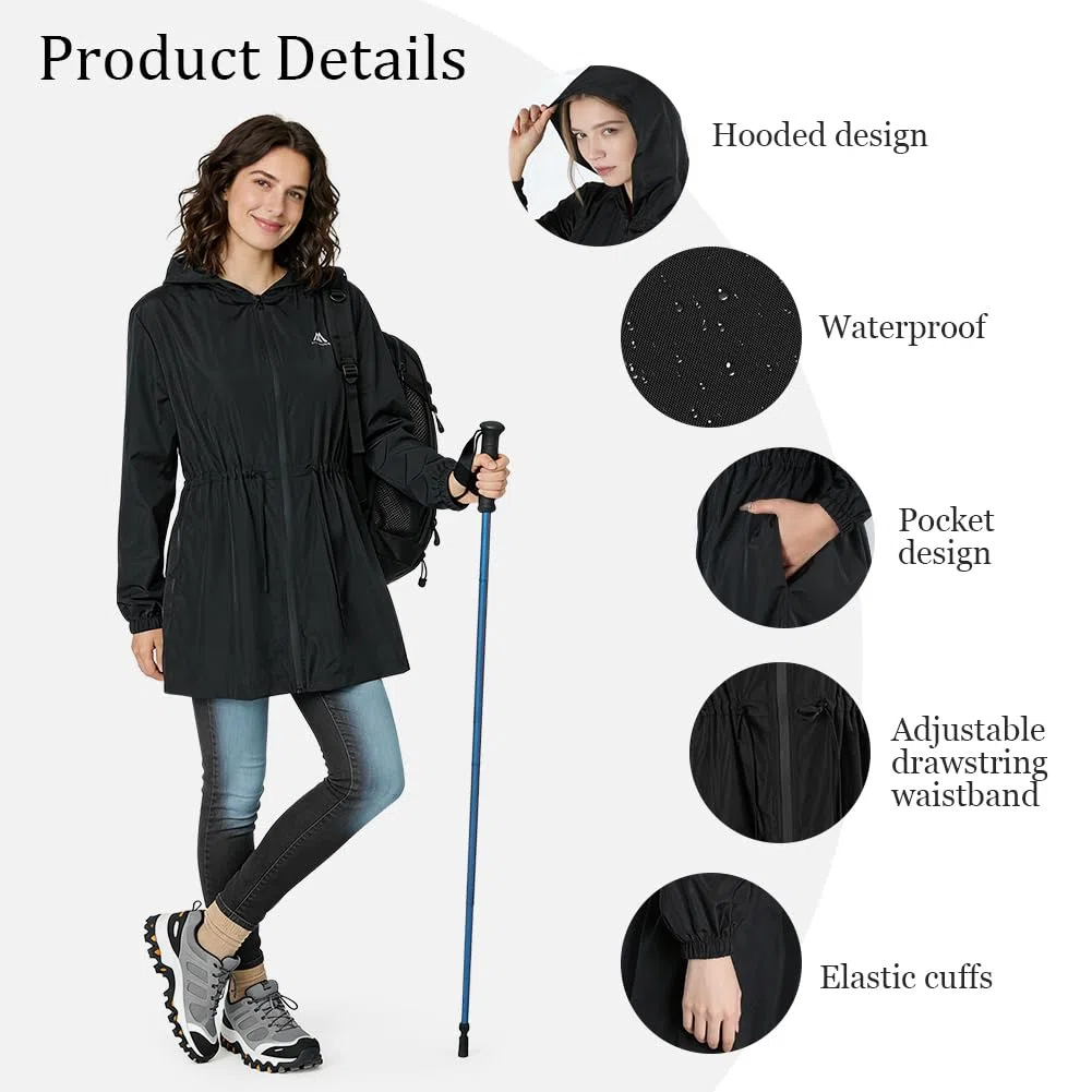 flintronic Chubasquero Mujer Cortaviento Ligero, Impermeable Chaqueta Transpirable con Capucha, Cremallera, Bolsillos, Senderismo Cazadora, Negro, L