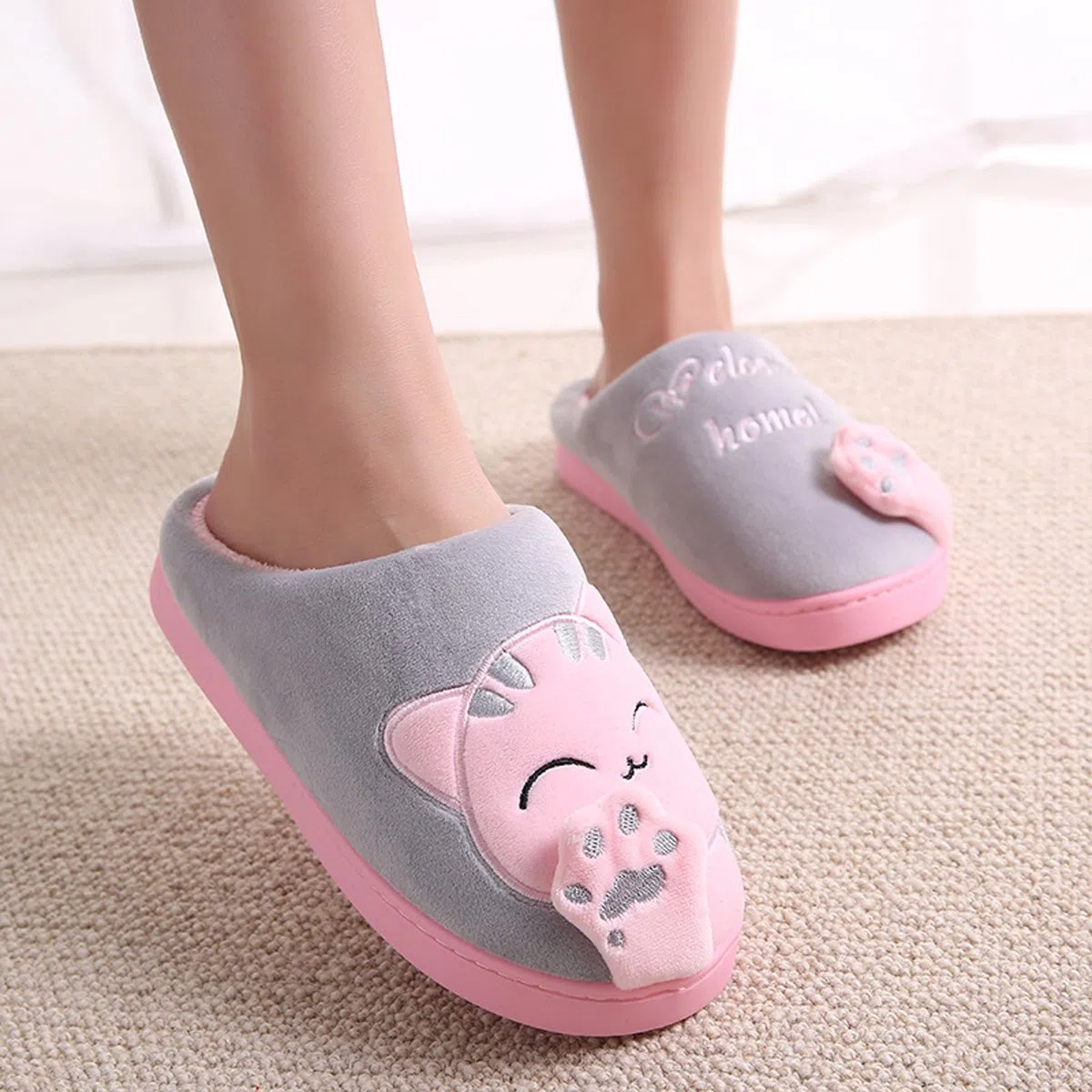 Cliont Zapatillas de Gato Lindo Zapatillas de Invierno de Interior Zapatos Antideslizantes Mujeres y Hombres