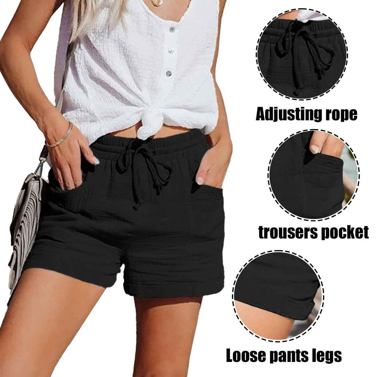Pantalones Cortos Sueltos de Verano para Mujer CóModos Pantalones Cortos de AlgodóN y Lino para Mujer con Bolsillos Pantalones Casuales de Verano con CordóN de Cintura Alta