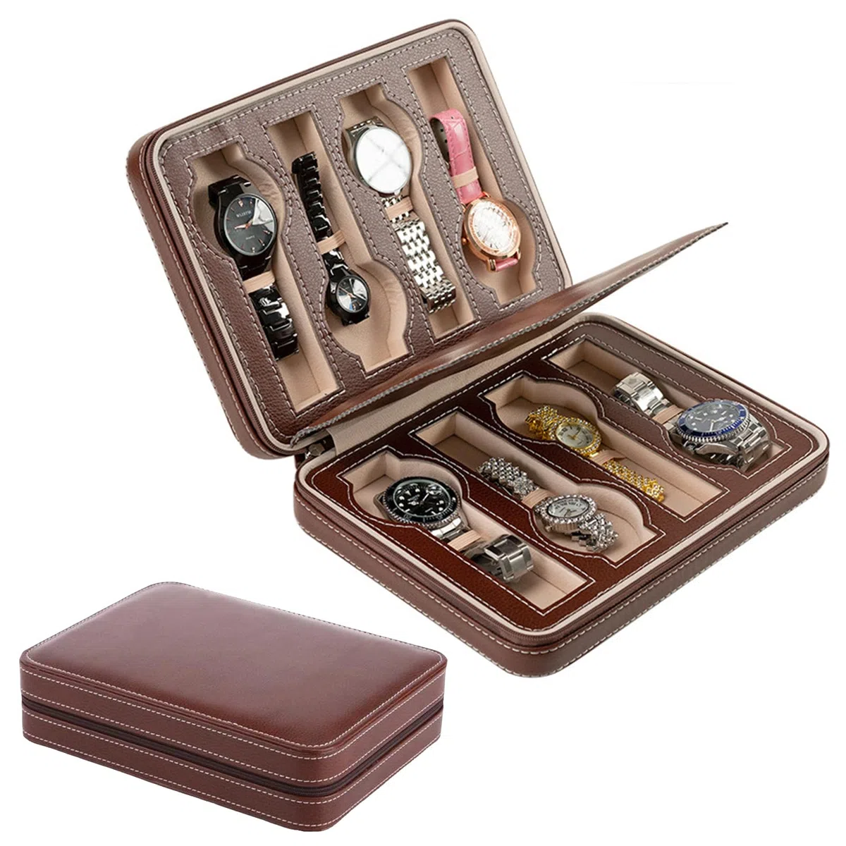 Caja de almacenamiento para relojes con 8 compartimentos, caja de almacenamiento portátil con cremallera e interior forrado de terciopelo