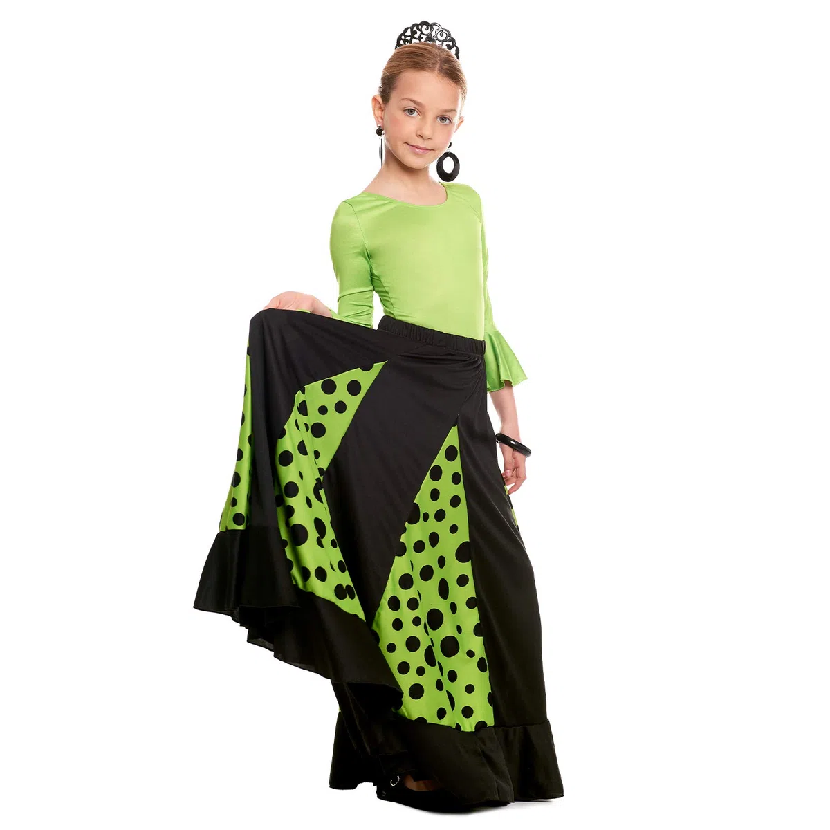Falda Flamenca Niña Negra con Quillas Verdes Lunares Negros [Tallas Infantiles 2 a 12 años]【Talla 10 años】 Ensayo Baile Danza Disfraz