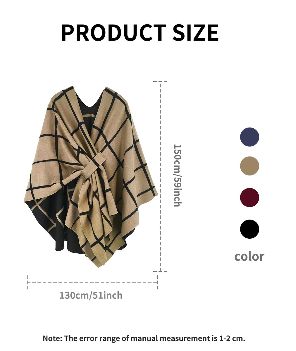 Poncho Abierto Punto Mujer Elegante Capa Grande Invierno Chal Cardigan Tartán Patrón Bufanda Manta Caliente