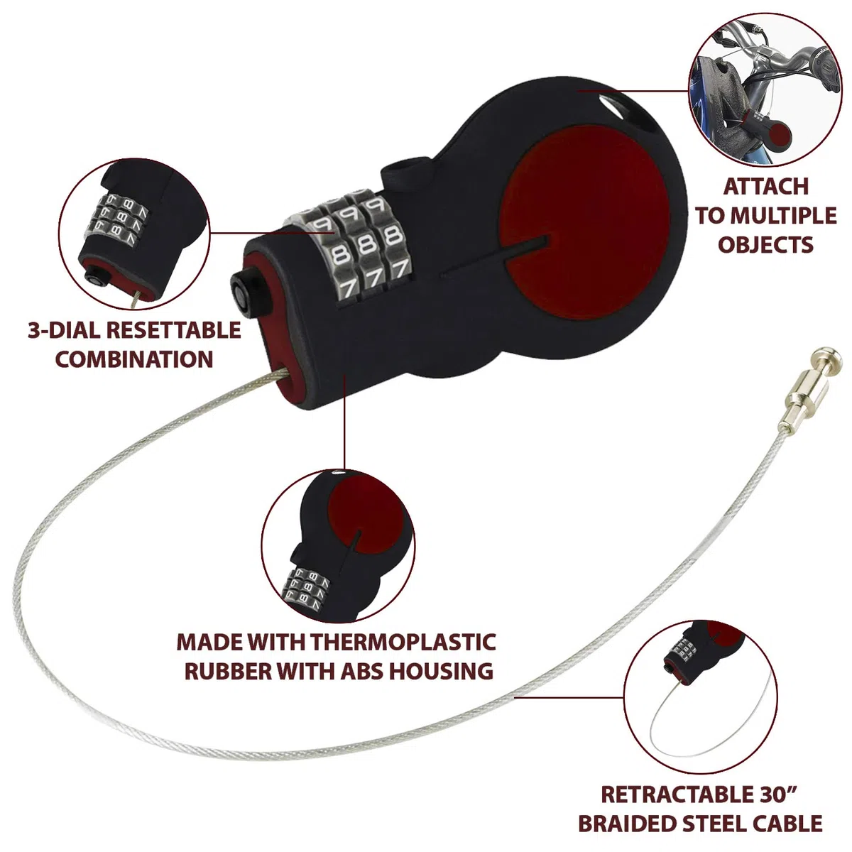 Lewis N. Clark LOC88RED Candado y candado de bicicleta aprobado por la TSA para equipaje + viajes, configura tu combo con cable de acero retráctil de 30 pulgadas, rojo