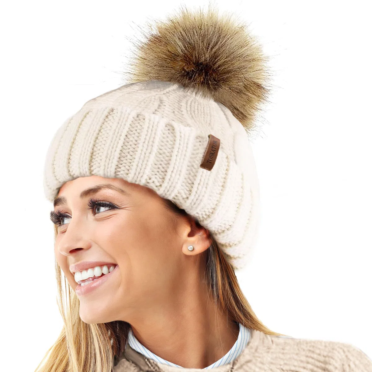 TOSKATOK Sombrero de Punto Grueso para Mujer, con Forro Polar y pellizco de Piel sintética Desmontable ...