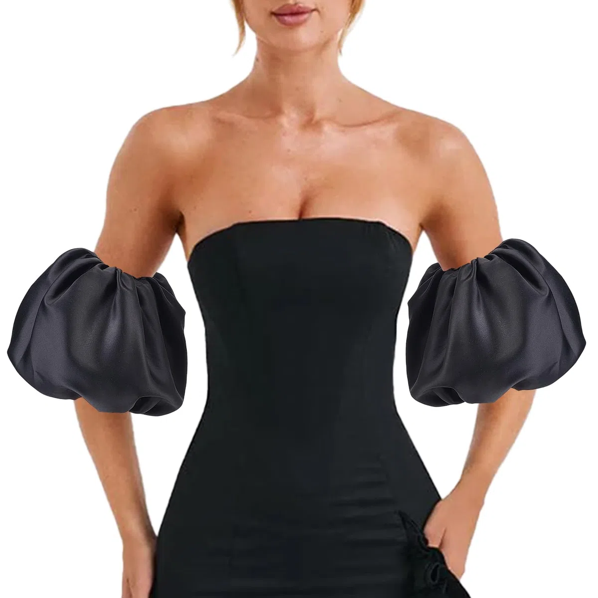 NICENEEDED 1 par de Mangas Abullonadas Extraíbles, Mangas de Novia de Satén Negro, Mangas Abullonadas Desmontables para Vestido de Novia, Accesorios de Novia de 12 x 8.5 Pulgada
