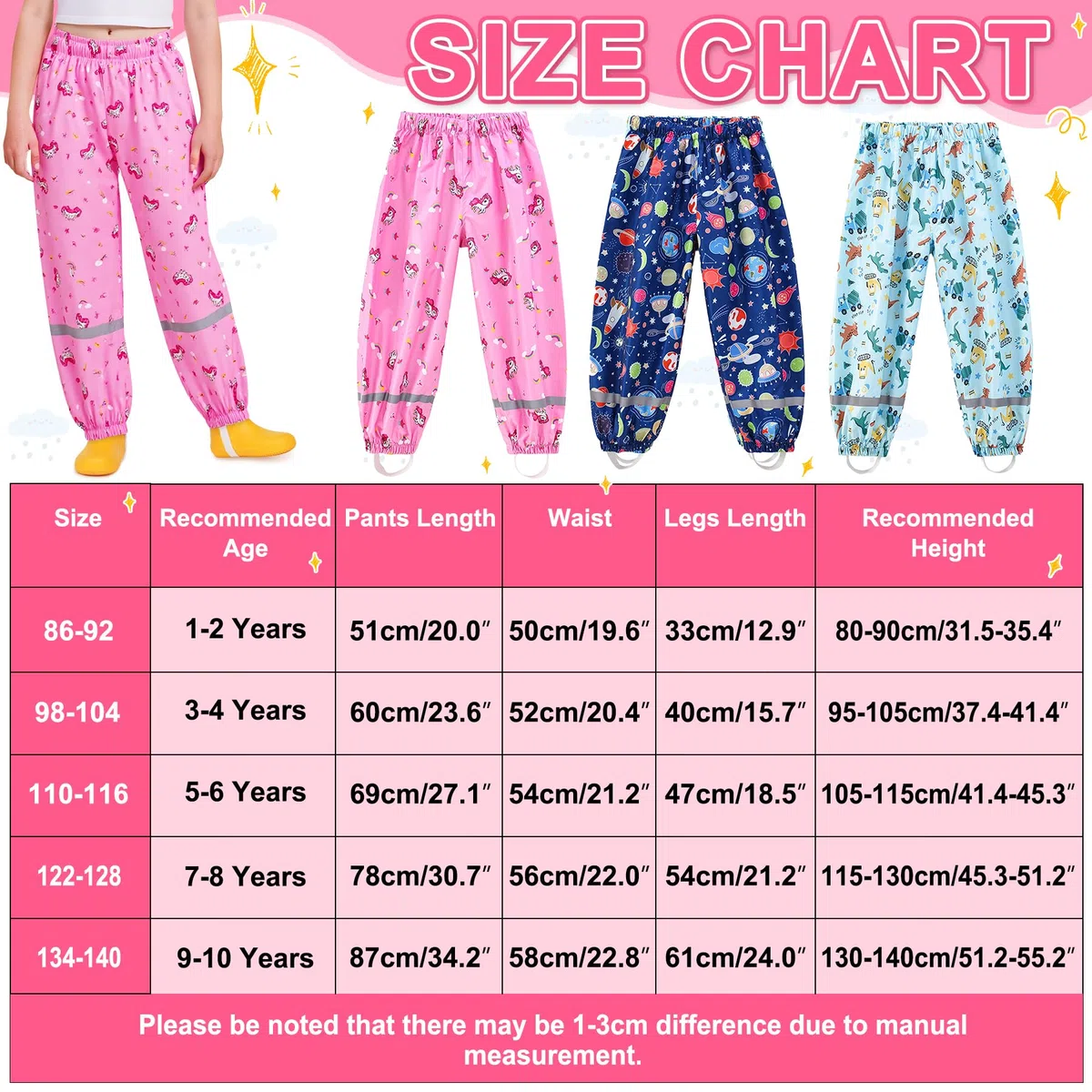 Pantalon Impermeable Niño Niña Pantalón de Lluvia Transpirable Pantalón Barro Reflectante 1-10 años