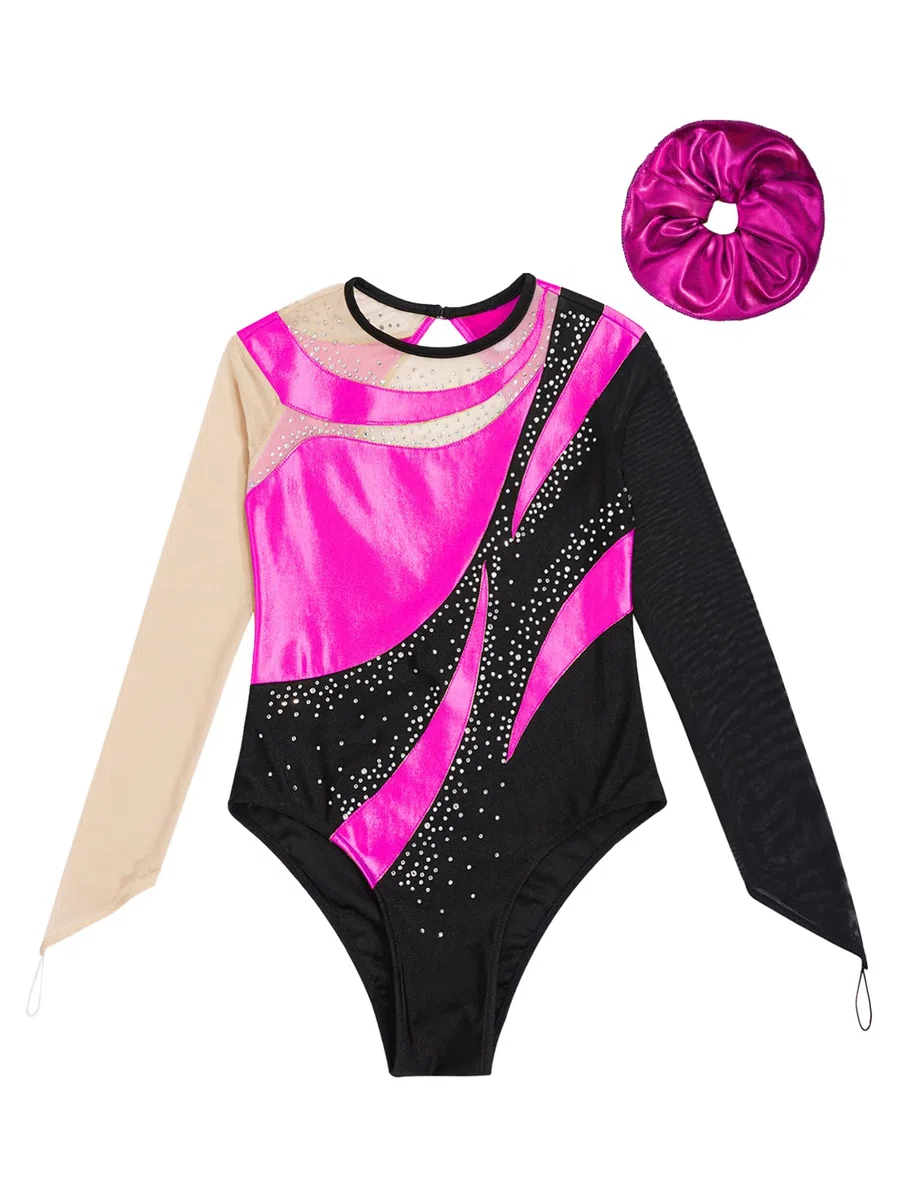 Alvivi Traje de Gimnasia Ritmica Maillot Niña Manga Larga con Diadema Body Brillante de Baile Maillot Competicion Patinaje Disfraz Bailarina Ballet