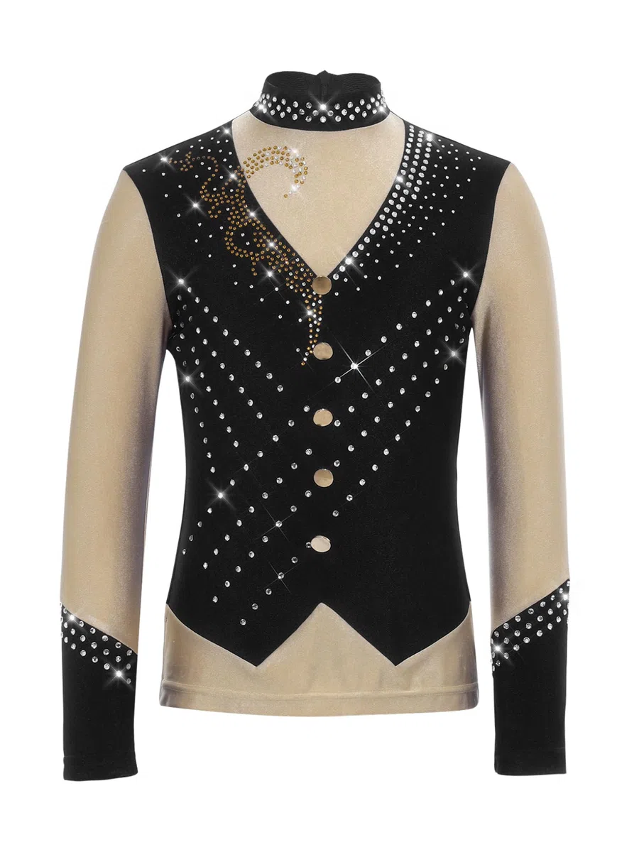 Freebily Camisas De Patinaje Artístico para Niño Top Brillante con Pedrería Cuello Alto Manga Larga Traje De Actuación