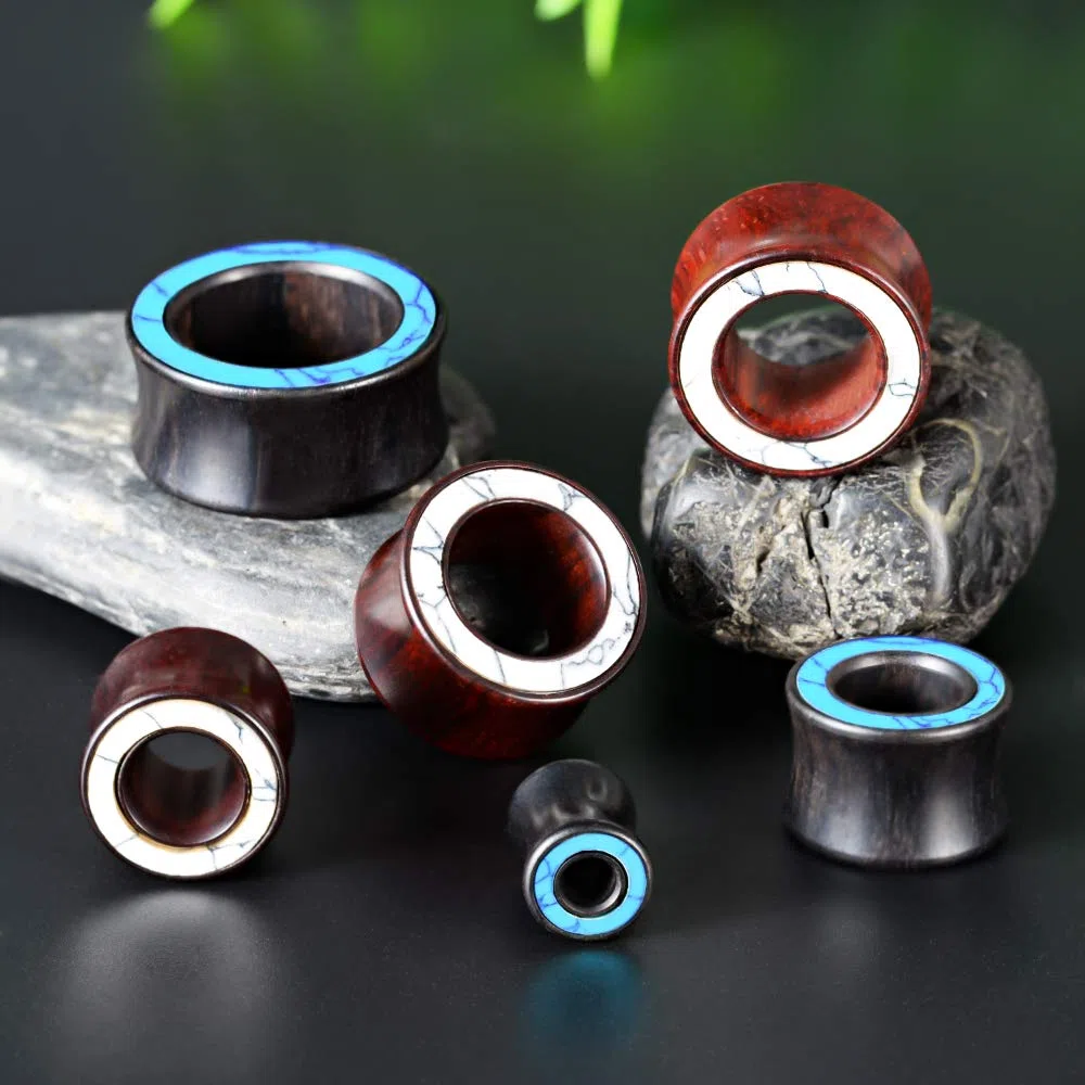KUBOOZ COOEAR 2 Pares de medidores de Oreja de Madera con Doble Acampanado para Orejas y Tapones Estilo círculo de Concha Marina.