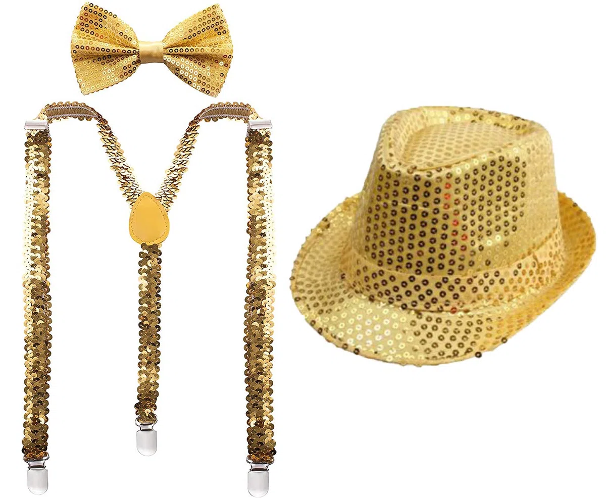 Juego 3 de Tirantes Elásticos Pajaritas Ajustables y Sombrero de Copa de Lentejuelas Brillantes para Niños Disfraz de Fiesta Carnaval Halloween Navidad