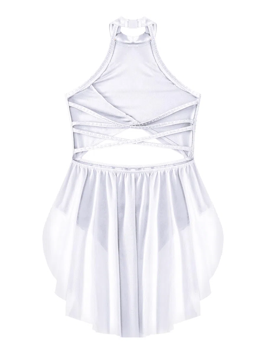 iiniim Vestido de Patinaje Artístico para Niñas Vestido Danza Lírica y Contemporánea Maillot con Falda Ballet de Malla y Pedrería Brillante Disfraz Bailarina 5-16 Años