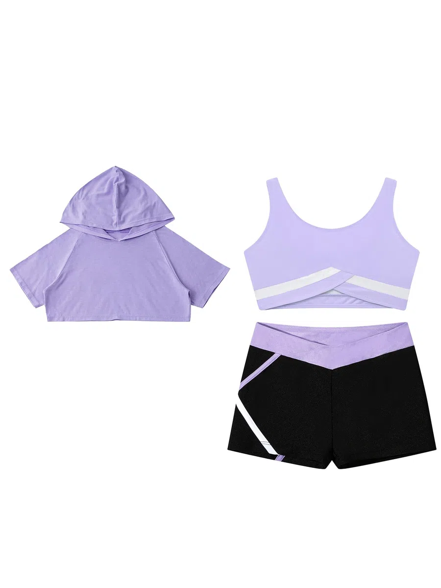 Oyolan Ropa Deportiva Niñas Conjuntos de Yoga Fitness Danza Crop Top Corto + Shorts Pants Corto Danza Niños Traje Ropa de Baile Ejercicio Conjuntos Deportivos