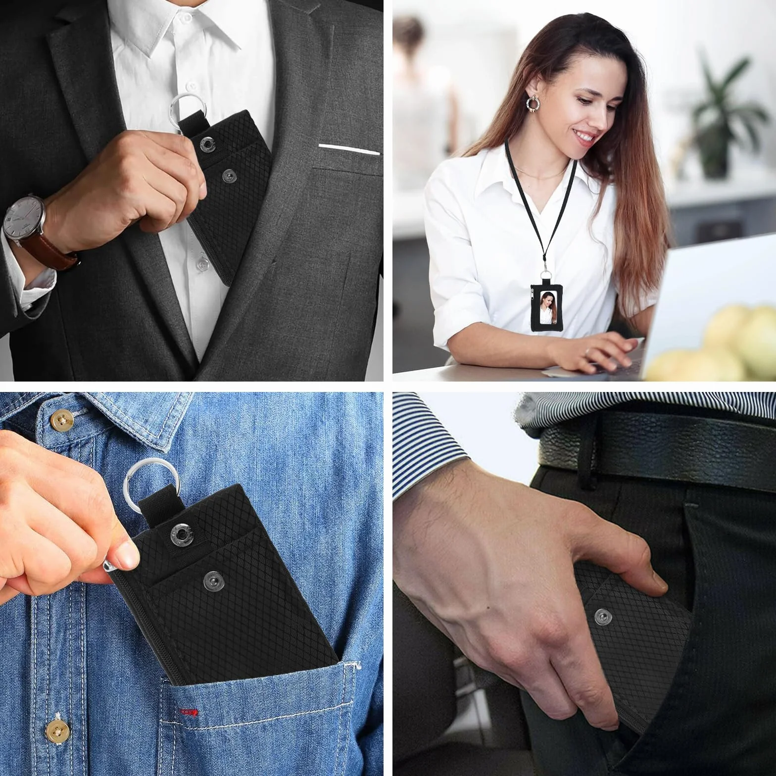 Cartera pequeña anti-RFID resistente al agua con cremallera y titular de la insignia con cordón llavero y ventana para tarjetas de identificación para mujeres, hombres, niños y niñas, para tarjetas