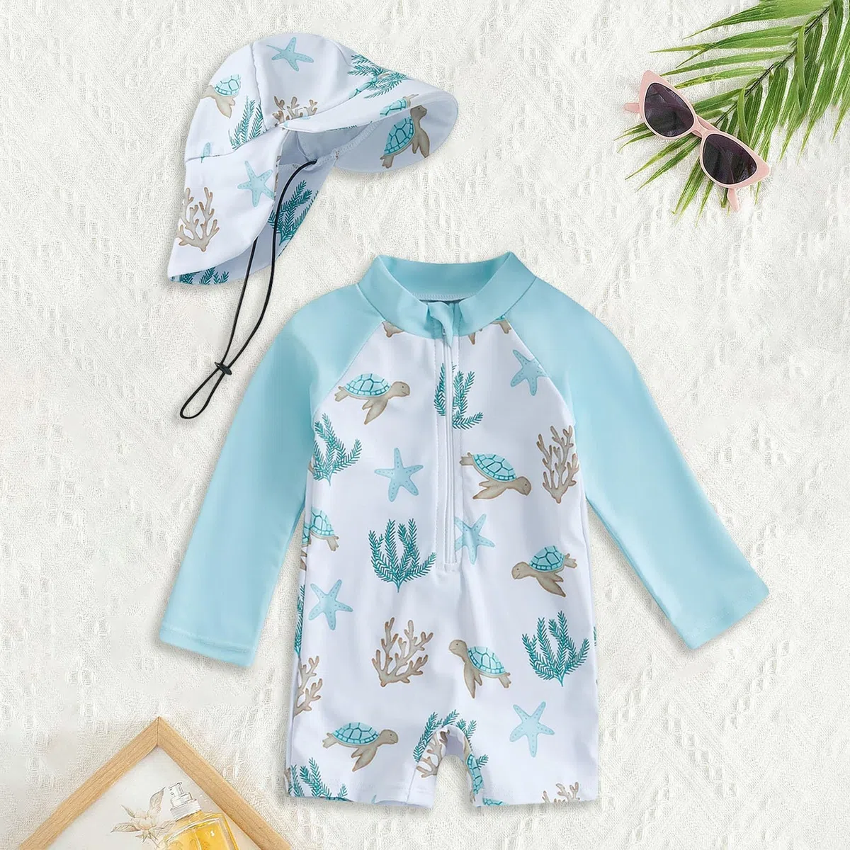 Traje de Baño Bebé UPF50+ con Capucha y Mangas Largas Rash Guard con Cremallera Traje de Baño Bebe Niño Niña de Verano de Playa Vacaciones para 0-3 Años