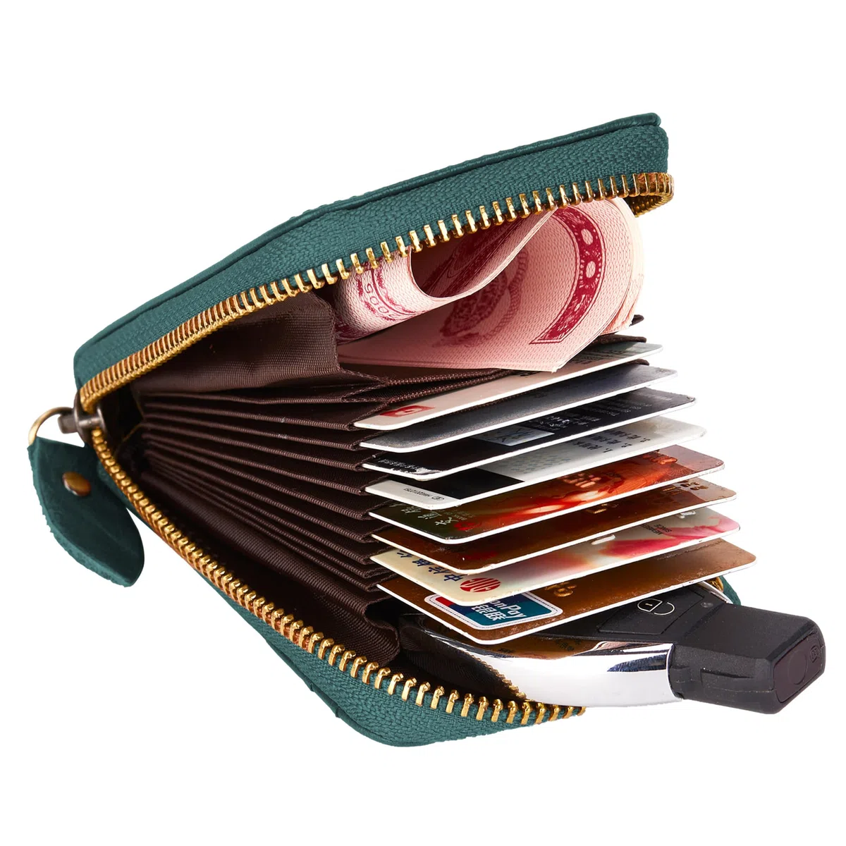 Tarjetero Hombre y Mujer Vertical Piel Genuina - Cartera Pequeña con Cremallera y Bloqueo RFID, Monedero Tarjetero con 13 Ranuras, Mini Billetera de Bolsillo Delantero