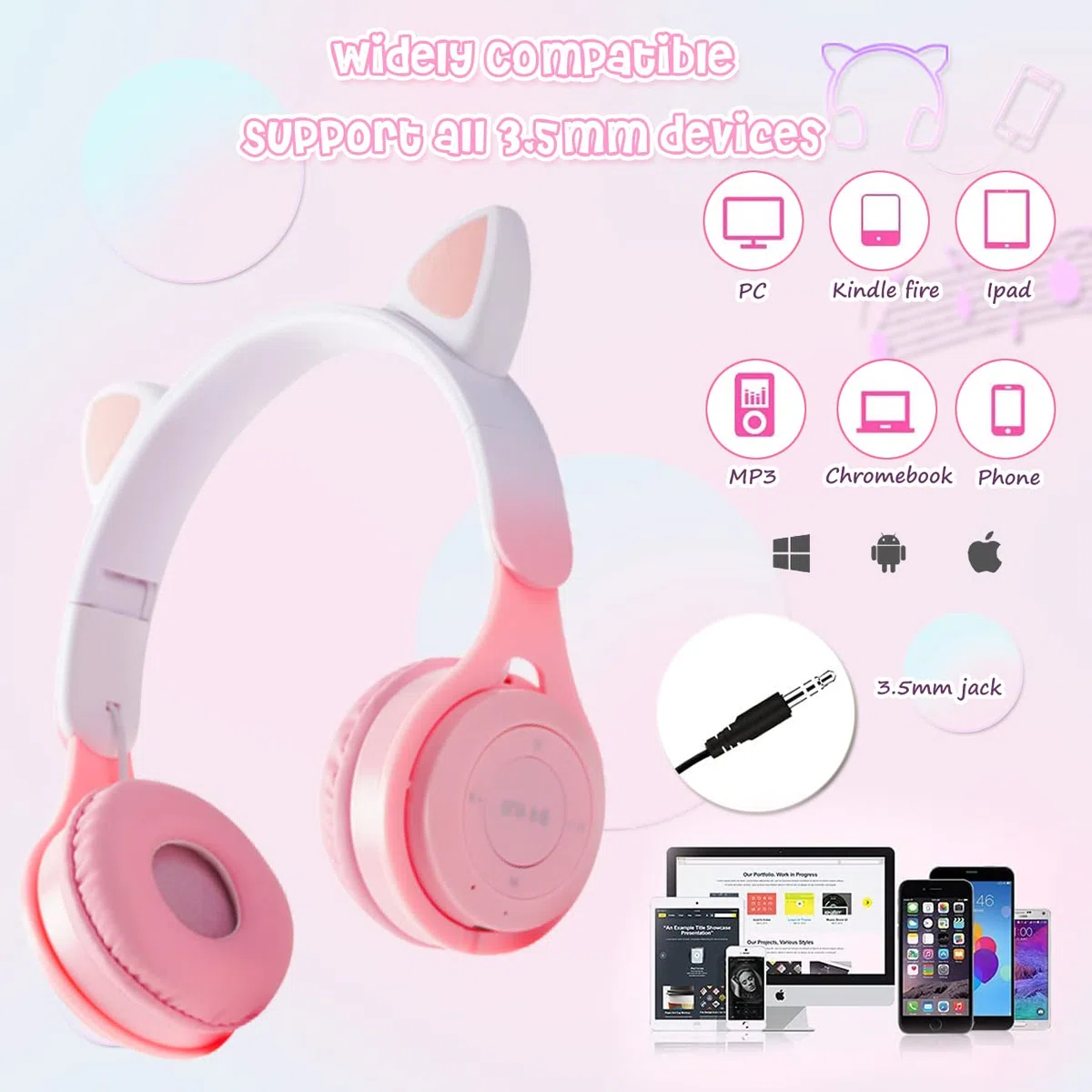 arVin Auriculares para niños, auriculares inalámbricos para niños con micrófono, orejas de gato con luz LED para niños, auriculares plegables sobre la oreja para niñas y niños