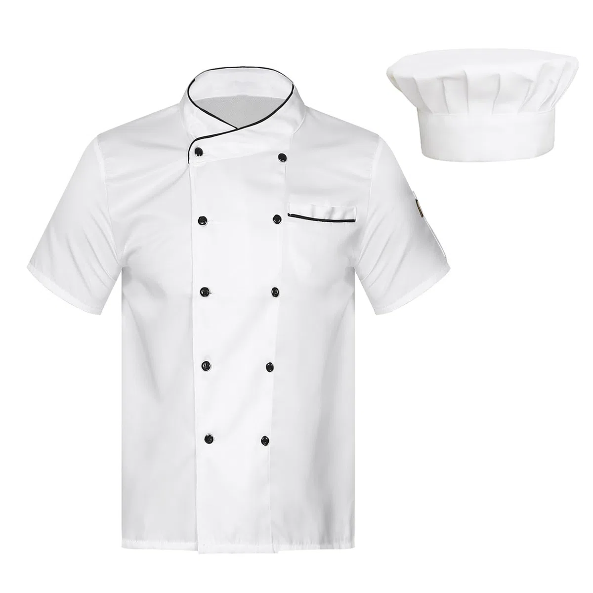 Runhomal Chaqueta de Chef de Manga Corta Hombre Mujer con Sombrero de Cocina Blusa Hotel Restaurante Bar Trabajo - Talla Pequeña Atención