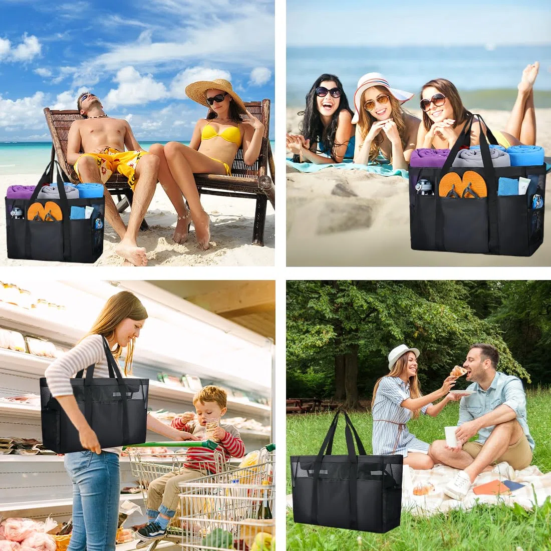 Bolso de Playa de Malla Negro XXL Familiar con Cremallera,50 * 34 * 20cm Bolso de Playa para Mujer Grande,Impermeable Bolsa Playa para Viaje Compras Playa