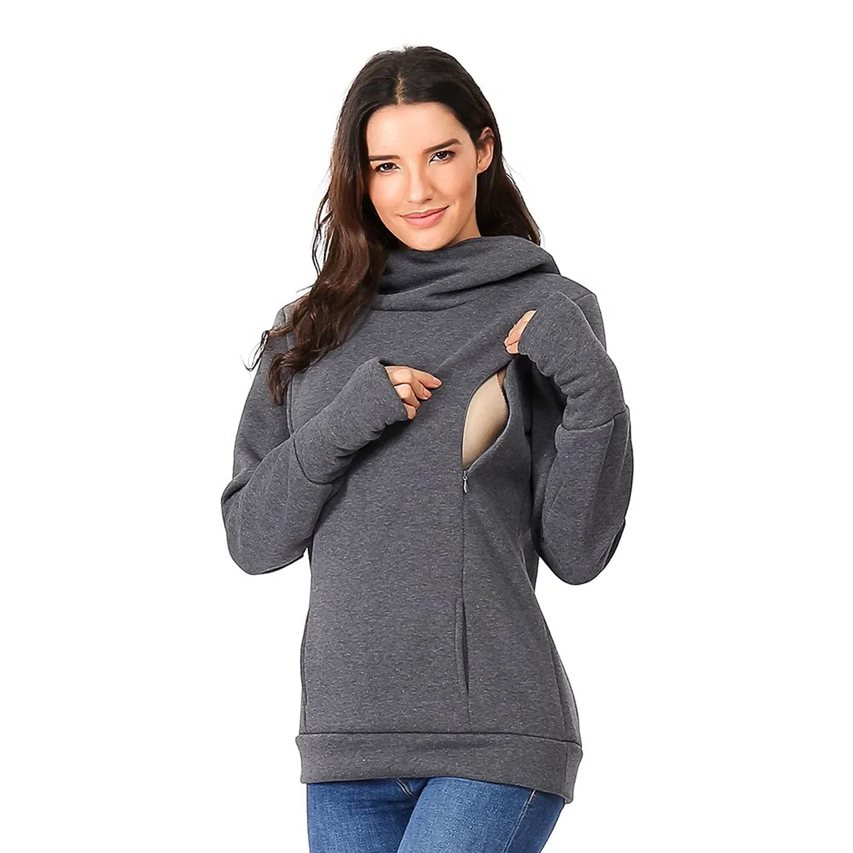 Jersey de lactancia para mujer, manga larga, cuello alto, jersey de maternidad, sudadera de invierno con bolsillos, sudadera de lactancia de dos capas, para embarazo, ropa de maternidad