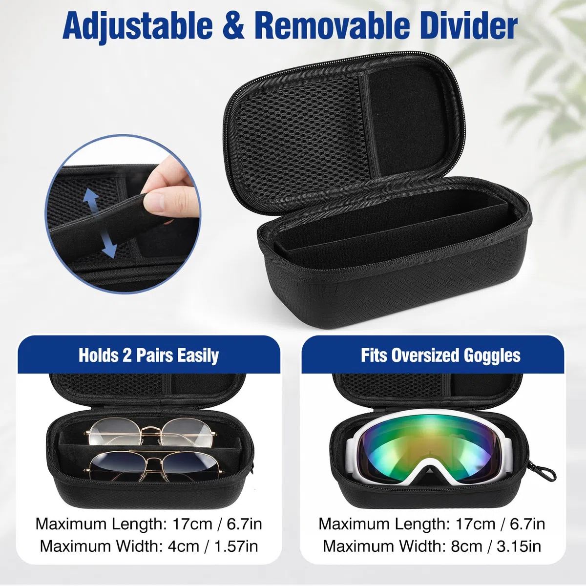 MoKo Estuche Doble para Gafas con Separador Ajustable, Carcasa Rígida, Cierre de Bloqueo y Bolsillo de Malla. Organizador Portátil para Gafas de Lectura y Sol, Negro