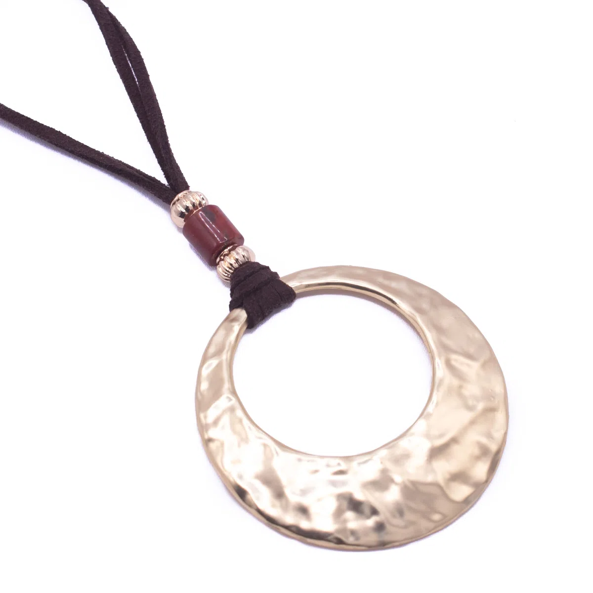NILUXE DESIGN- Colgante Mujer Aro Grande Dorado y Piedra Natural Jaspe Rojo- Ajustable Cadena de Antelina Marrón - Colgante Handmade Estilo Boho Chic- Collar Largo Mujer