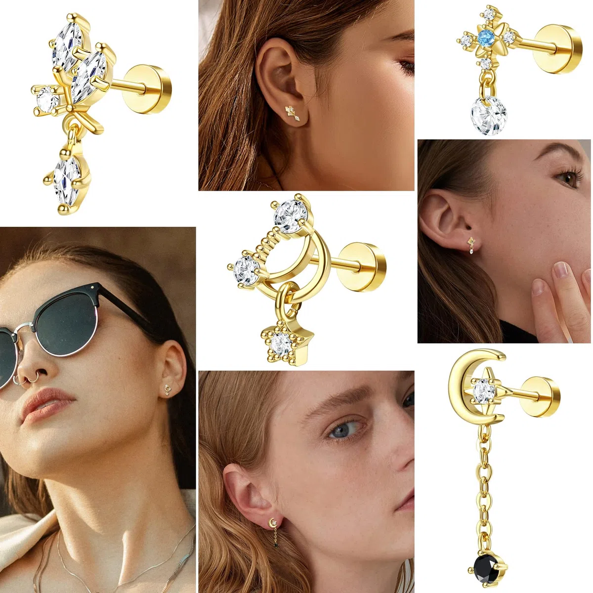 Kakonia 9 aretes de tuerca para mujer, aretes de cartílago de 16 g, corazón y estrella de circonita cúbica, aretes colgantes de mariposa de acero inoxidable, aretes de espalda plana, serpiente, mal de