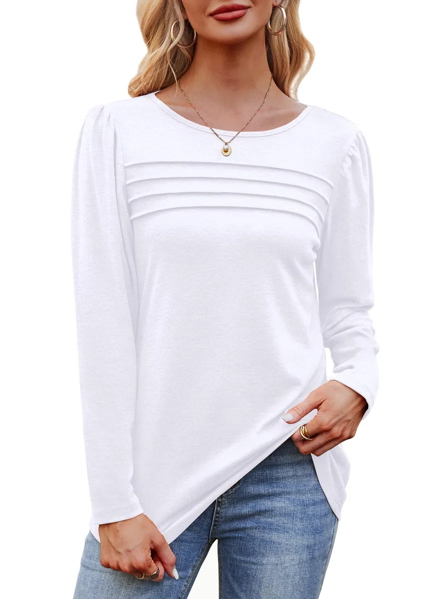 Cuptacc Camiseta de manga larga para mujer, cuello redondo, holgada, con pliegues, mangas abullonadas, con botones, manga larga para mujer