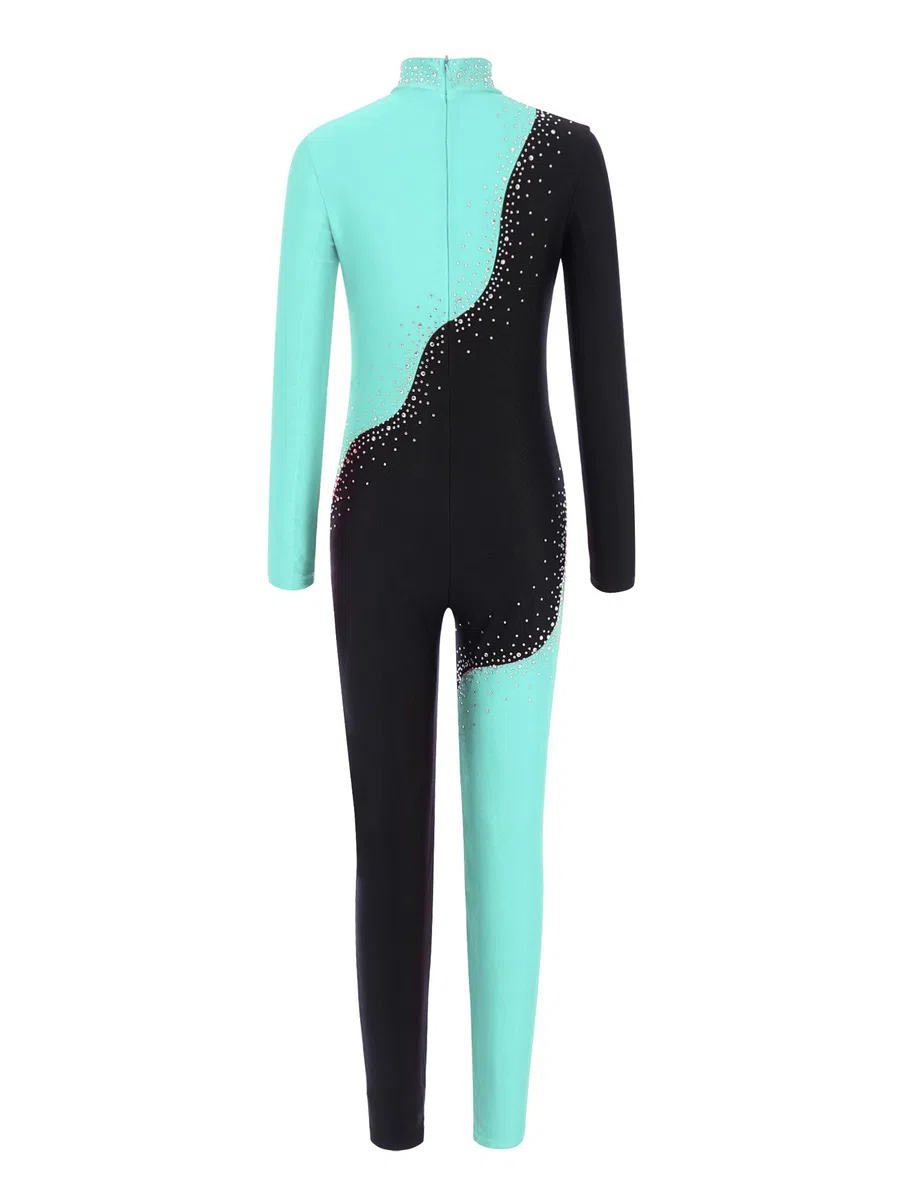 Alvivi Mono Largo de Gimnasia Rítmica para Niñas con Brillantes Maillot de Baile Mono Patinaje Artístico de Competición Ropa de Deportiva 5-16 Años