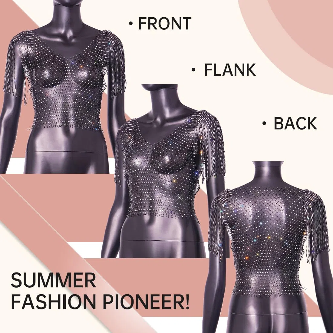 Cadena de cuerpo de malla de cristal hueco con diamantes de imitación negros, joyería corporal brillante, accesorios para el cuerpo para mujeres, niñas, discotecas, festivales