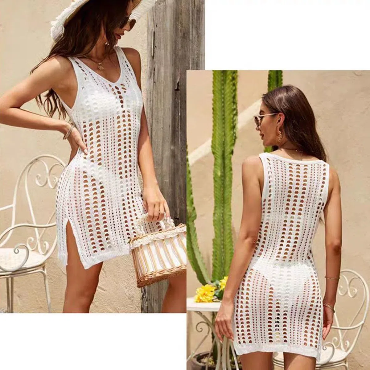 TYXHXTF Traje de Baño Vestido de Baño Bikini Cover up Cubrir Blusa Camisolas Traje, Vestido Playa para Mujer Sin Mangas Cuello, Vestidos Playa, Vestidos Playeros Mujer