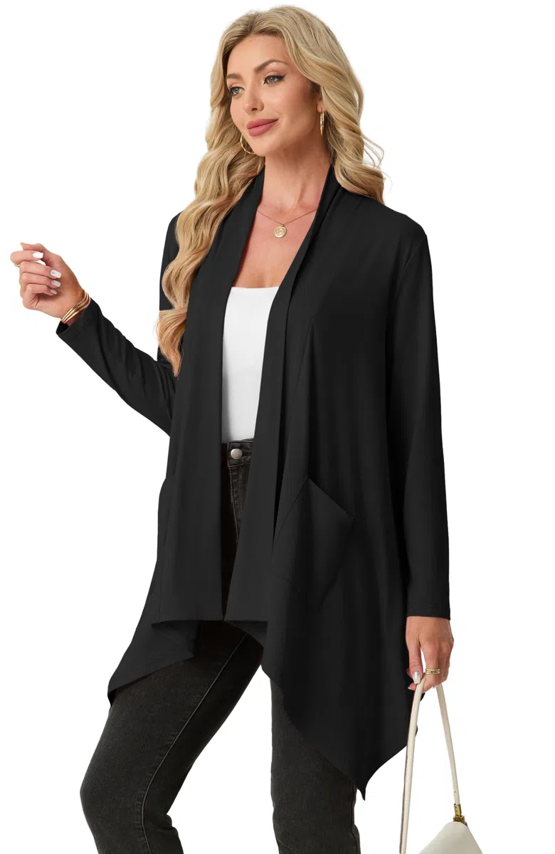 GRECERELLE Cárdigan ligero para mujer sin botones, elegante de verano, manga larga, cárdigan, cárdigan, informal, abrigo de punto con bolsillo, dobladillo alto y bajo