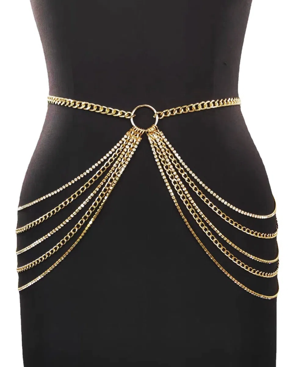 Fiesta cadena de cristal cintura con varias capas de borlas cadena corporal cadena de muslos sexy bikini cadena de joyas mujer accesorios ajustables (Oro)