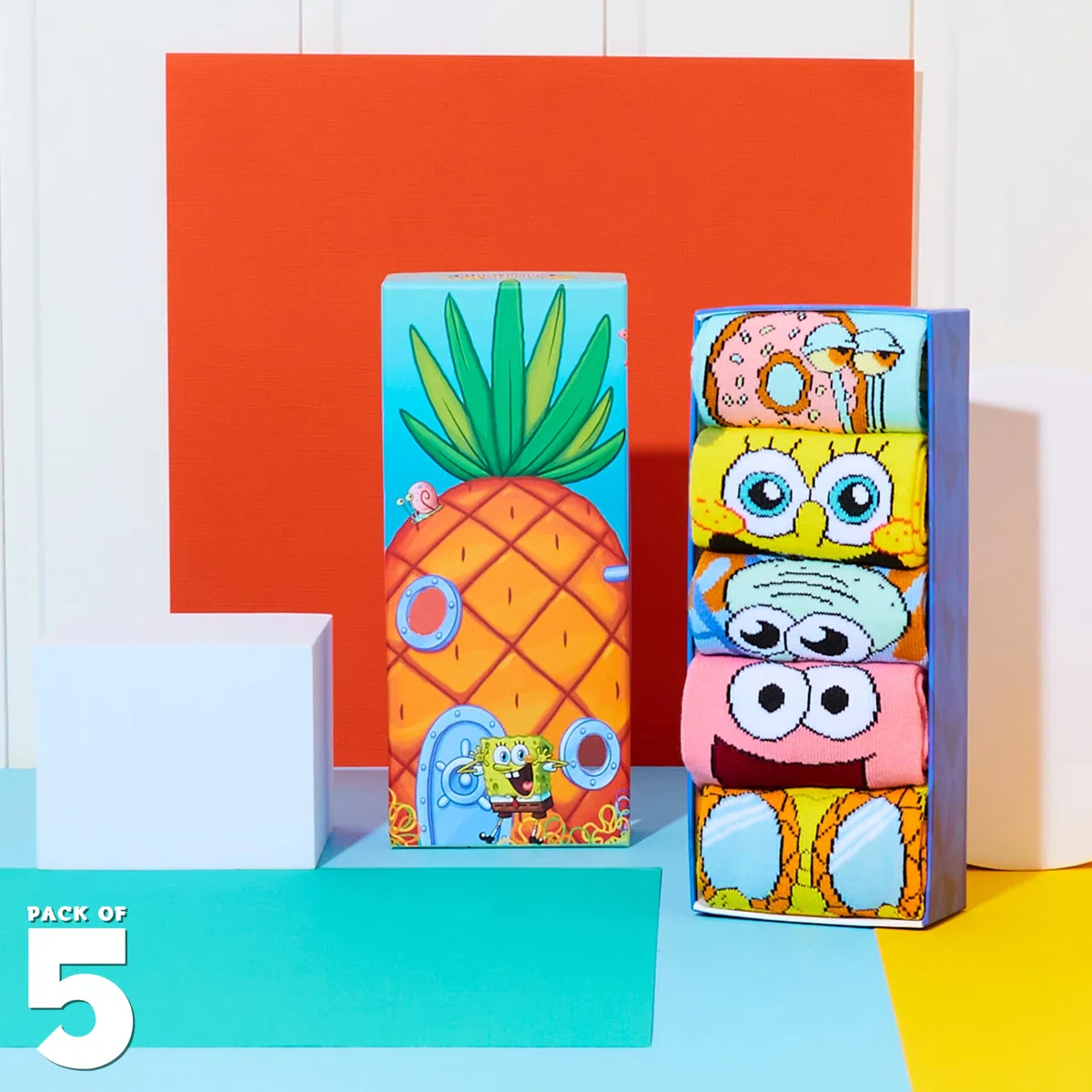 SPONGEBOB SQUAREPANTS Calcetines Bob Esponja Niños, Pack de 5 Calcetines Divertidos y Transpirables, Regalo Ideal, Dibujos Animados