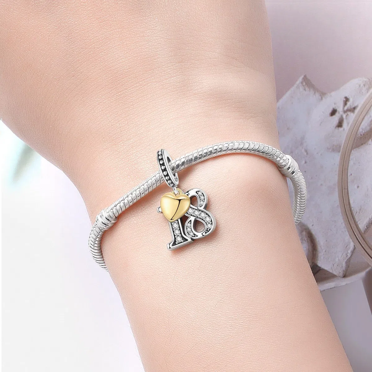 Abalorio para pulsera y collar, plata de ley 925 con circonita y corazón chapado en oro de 18 quilates, regalo para aniversario, cumpleaños, edad (10, 13, 15, 16, 18, 20, 21, 25, 30, 40, 50