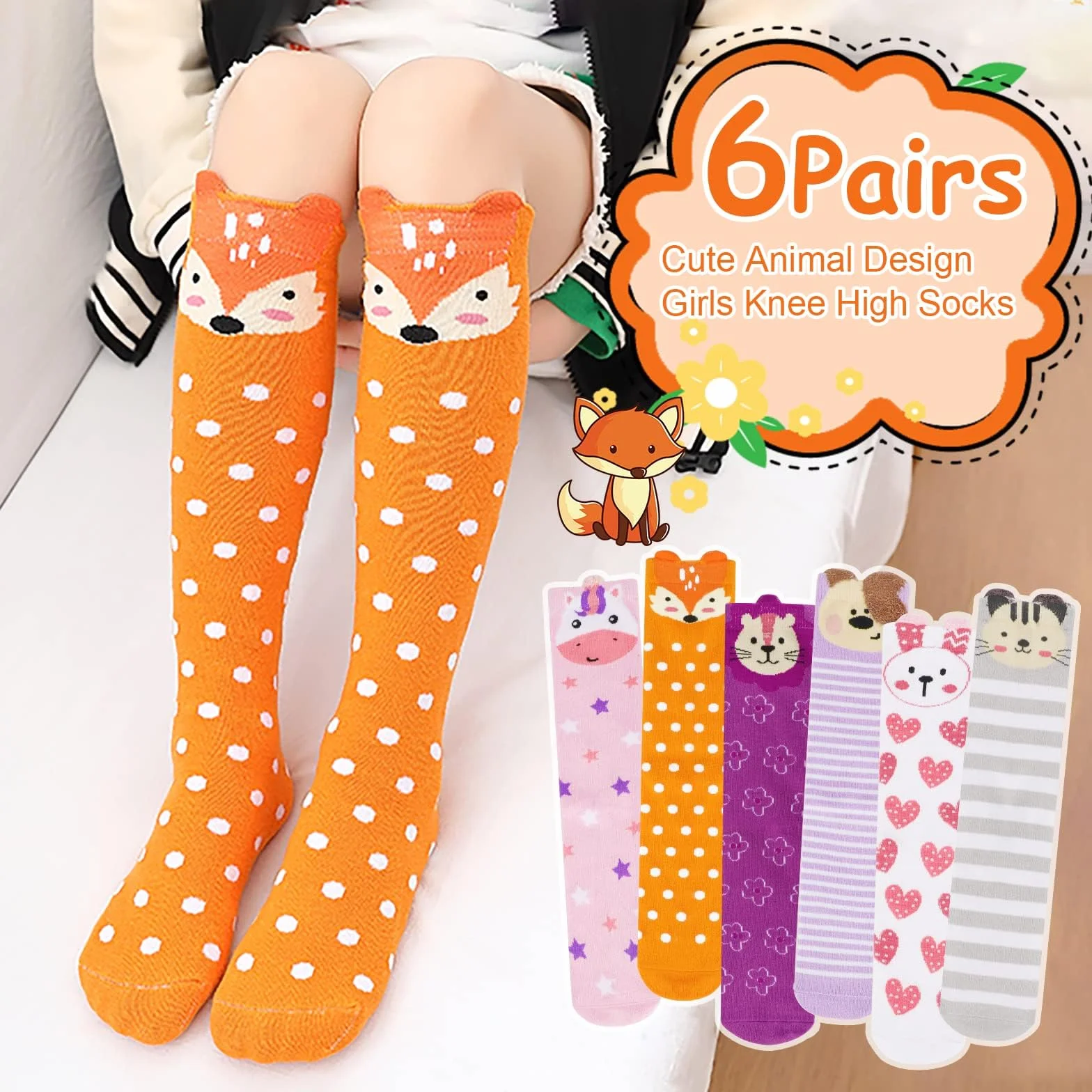 XEPST 6 Pares De Calcetines Hasta la Rodilla para Niñas - Dibujos Animados, Bota De Algodón a Media Pierna para 3 a 12 Años - Talla Única