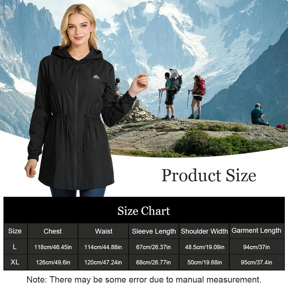 flintronic Chubasquero Mujer Cortaviento Ligero, Impermeable Chaqueta Transpirable con Capucha, Cremallera, Bolsillos, Senderismo Cazadora, Negro, L