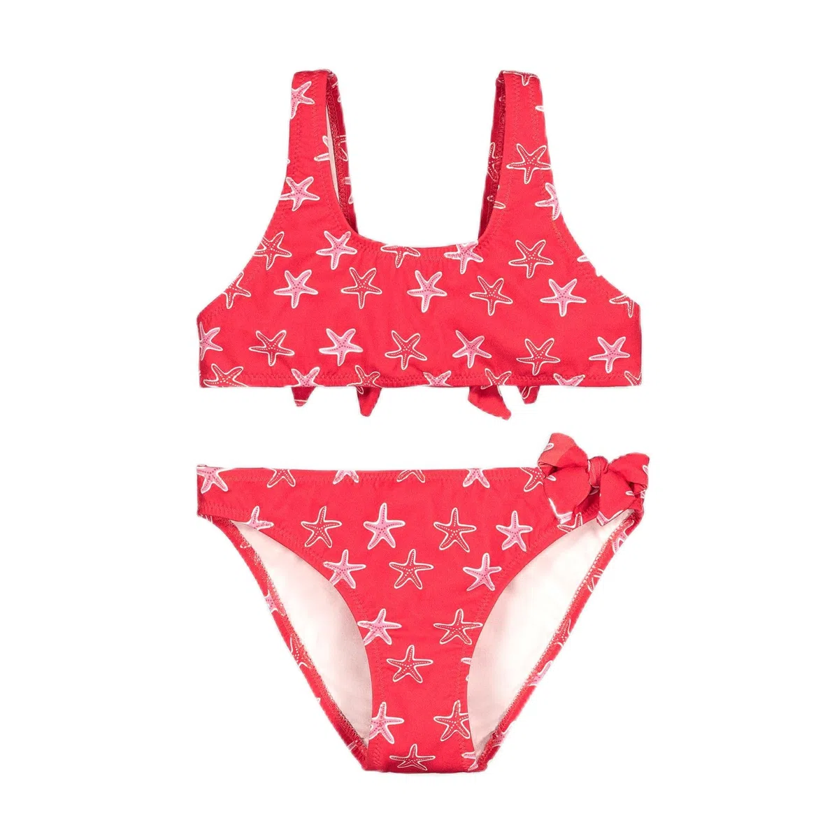 YSABEL MORA. Bikini Niña Detalles Volantes y Lazos Estampado Estrellas Marinas. Conjunto de Bikini de Dos Piezas con Lazos en la Espalda. Forro Completo para Evitar Transparencias.