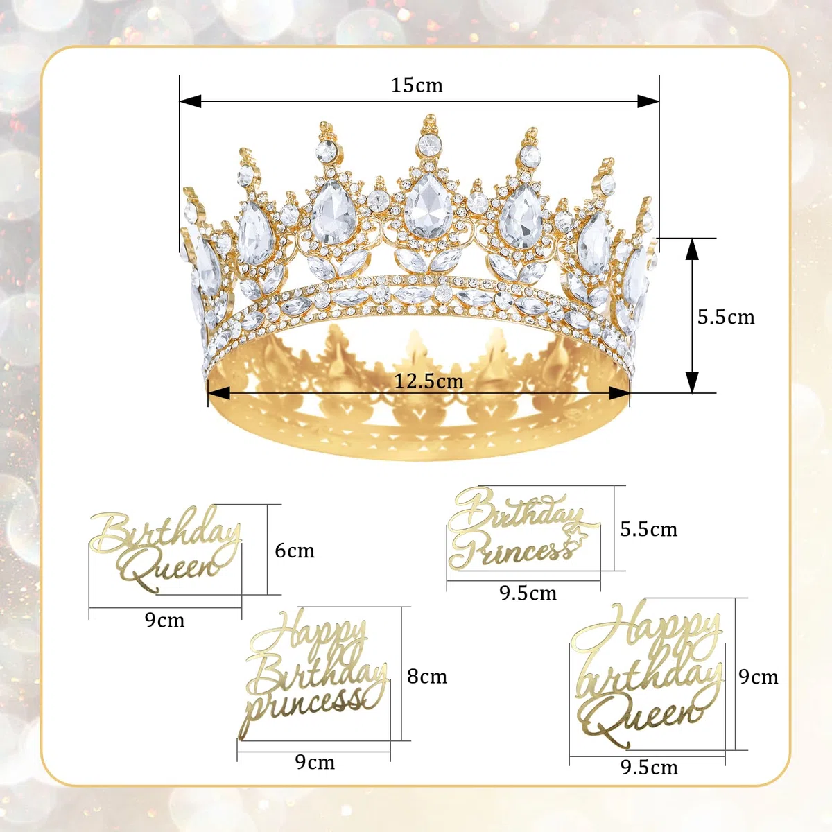 OMJMYY Corona Reina Corona de Cumpleaños Corona de Princesa Tiara Redonda con 4 Decoraciones para Pastel de Feliz Cumpleaños para Cumpleaños, Fiesta de Princesa, Disfraces