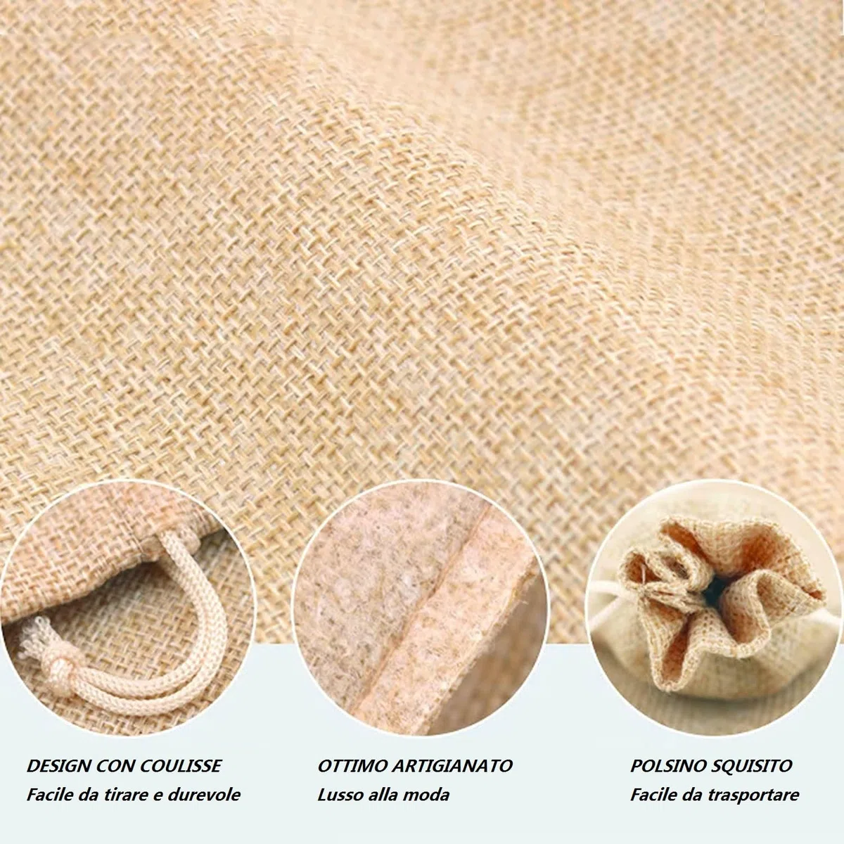 LATRAT 50 bolsas de yute con cordón, 9 x 7 cm, para joyas y regalos, lino y algodón, para bodas y dulces