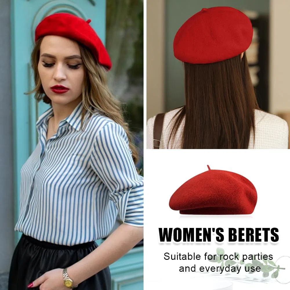 Boina Mujer Lana, Boina Francesa Invierno, Boina Pintor, Boina Disfraz Mimo, Boina Vasca, Beret Clásico Redondo Artista, Boina Liso, Boina Vintage Elegante-Rojo