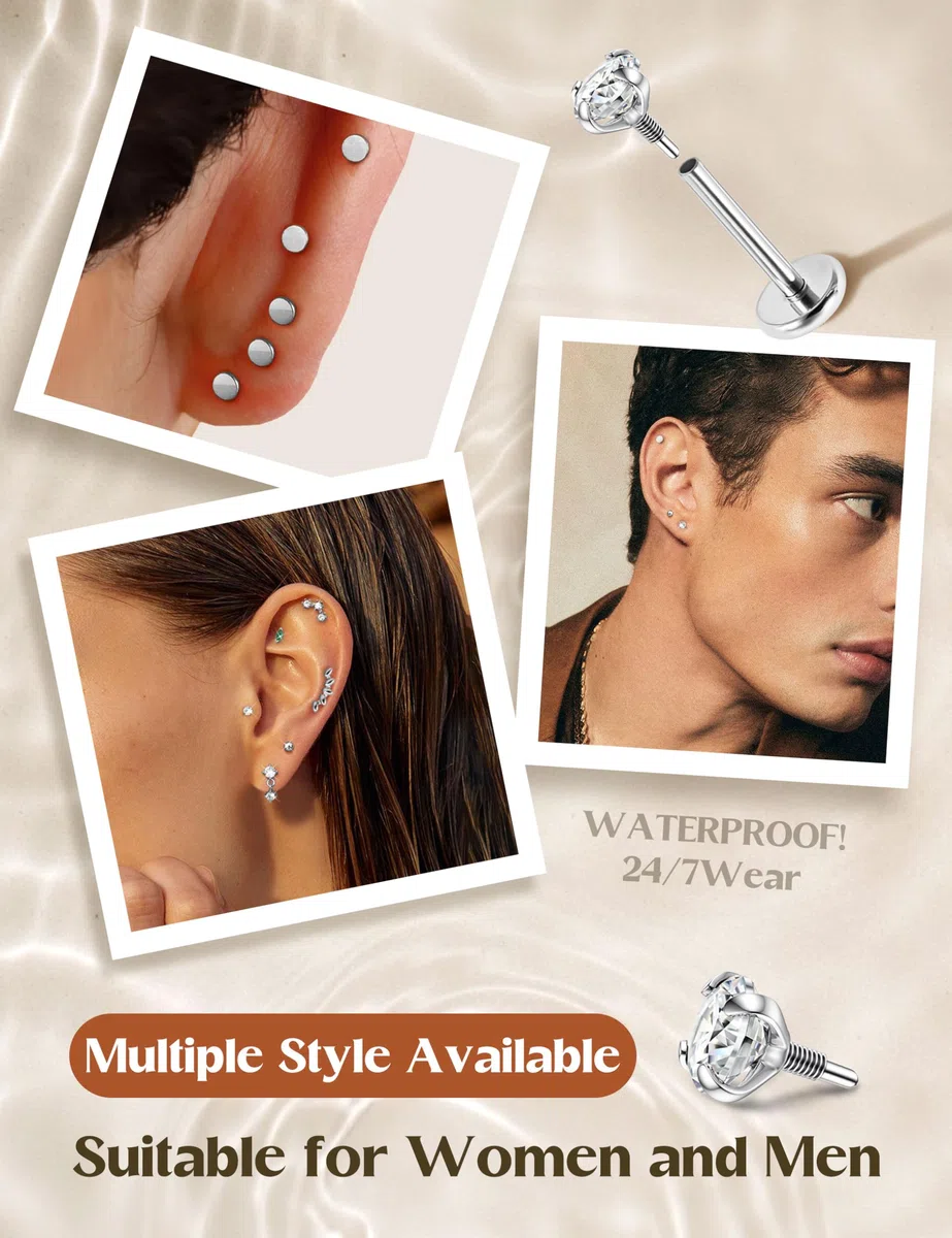 KRFY 16g/18g Piercing Tragus Oreja Nariz Helix Oro/Plata Roscado Interno Piercing Labio Hipoalergénico Acero Quirurgico Piercings Conch Cartílago 6/8MM