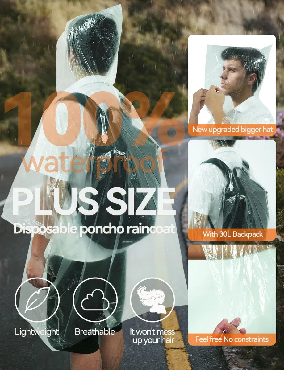 Poncho de lluvia desechable transparente para hombre y mujer, 5/10 unidades, 100% impermeable, con capucha, ligero, para senderismo, camping y viajes, poncho de emergencia